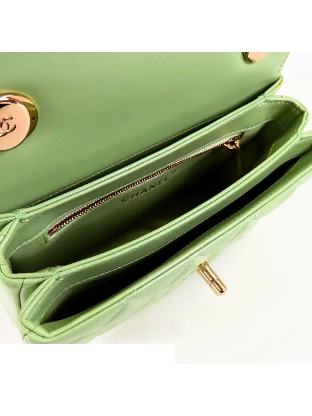 Chanel Top Handle Flap Bag Sage Green Gold Leather 2-Way
